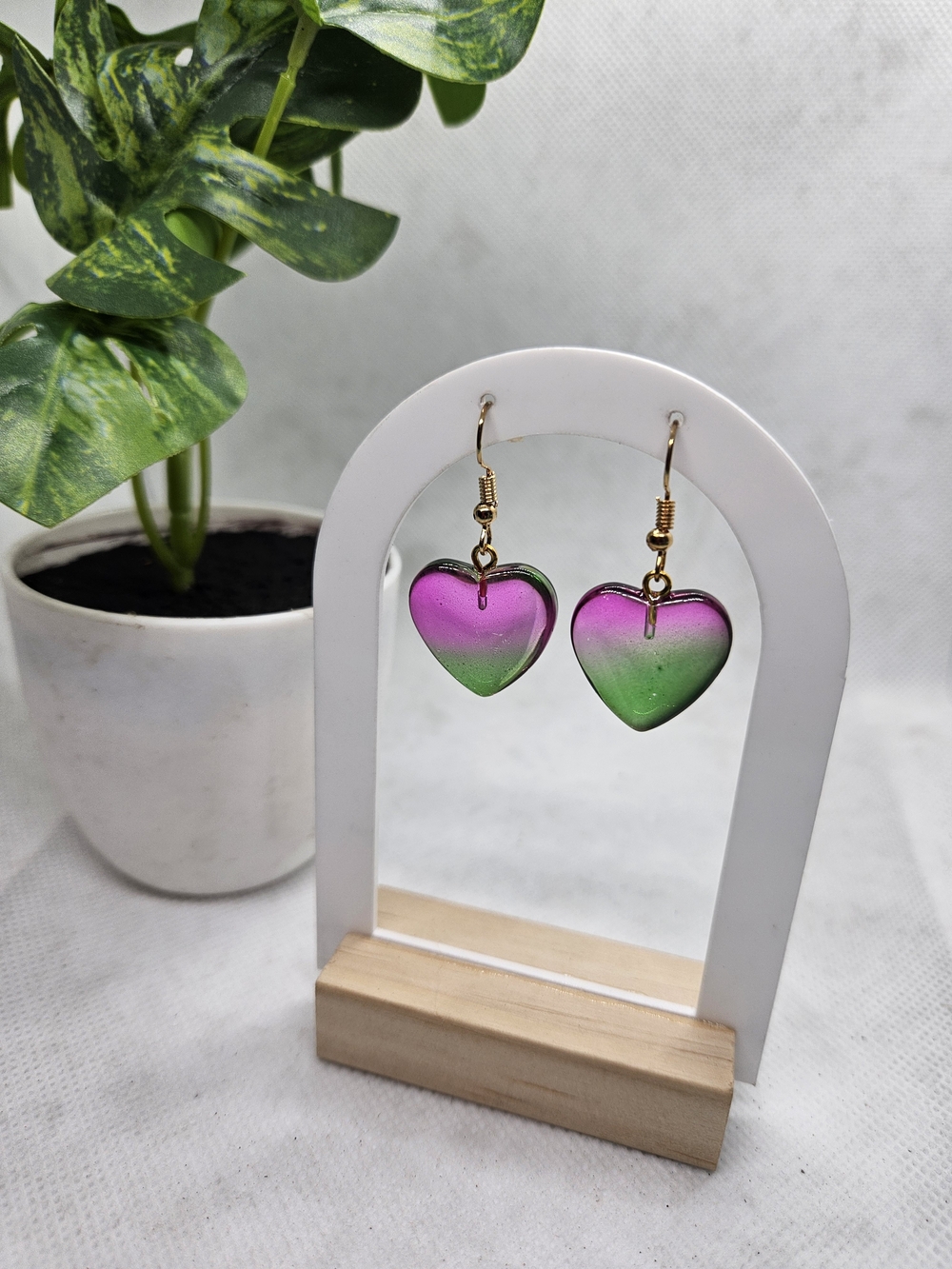Gradient Pink & Green Heart Drop Earrings - Gold-Tone Hooks
